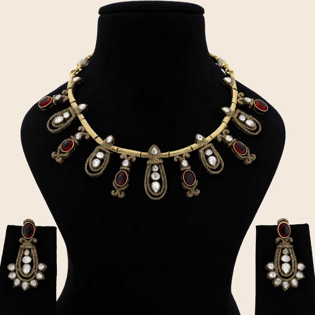 Aanura Kundan Necklace with Olive Green Stone Drops