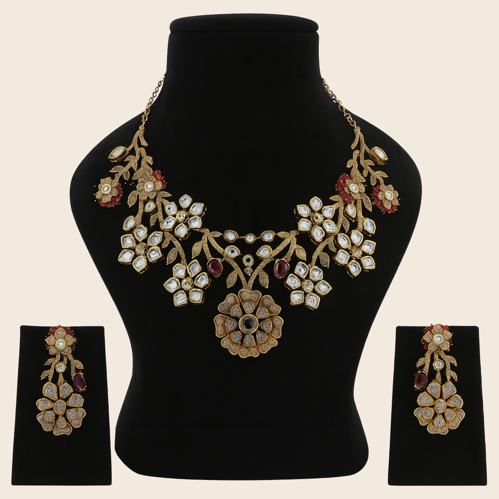 Aanura Floral Kundan Bridal Necklace Set with Earrings