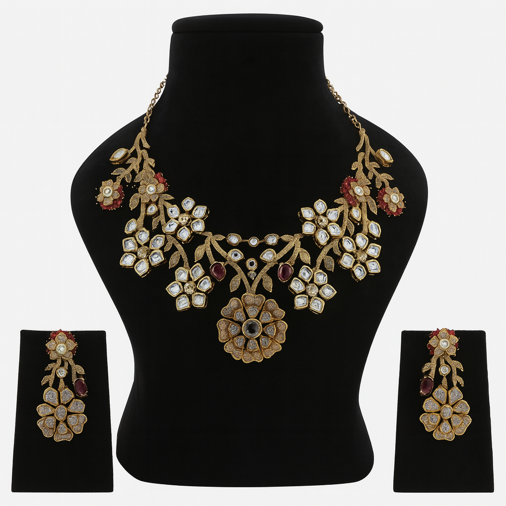 Aanura Floral Kundan Bridal Necklace Set with Earrings