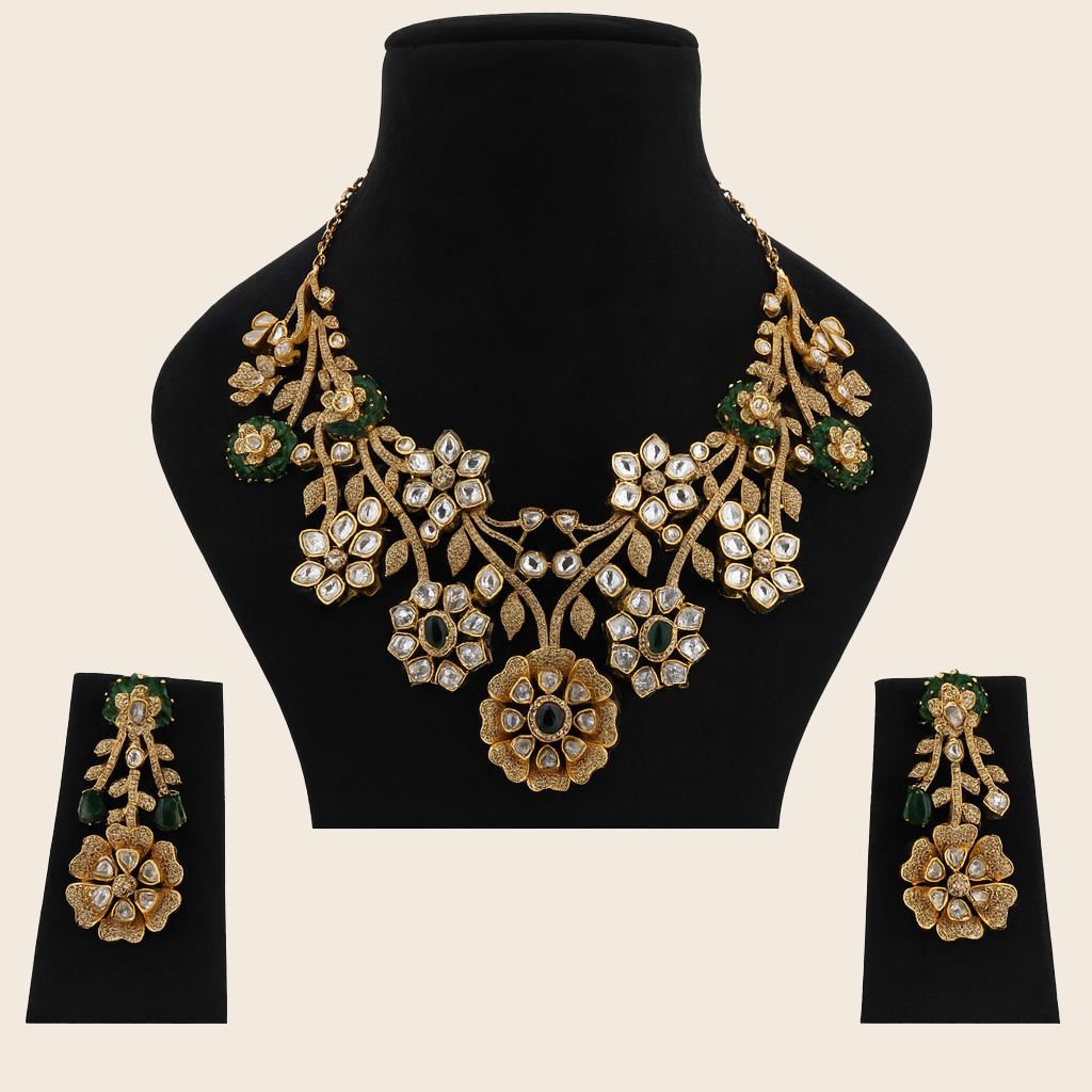Aanura Floral Kundan Bridal Necklace Set with Earrings