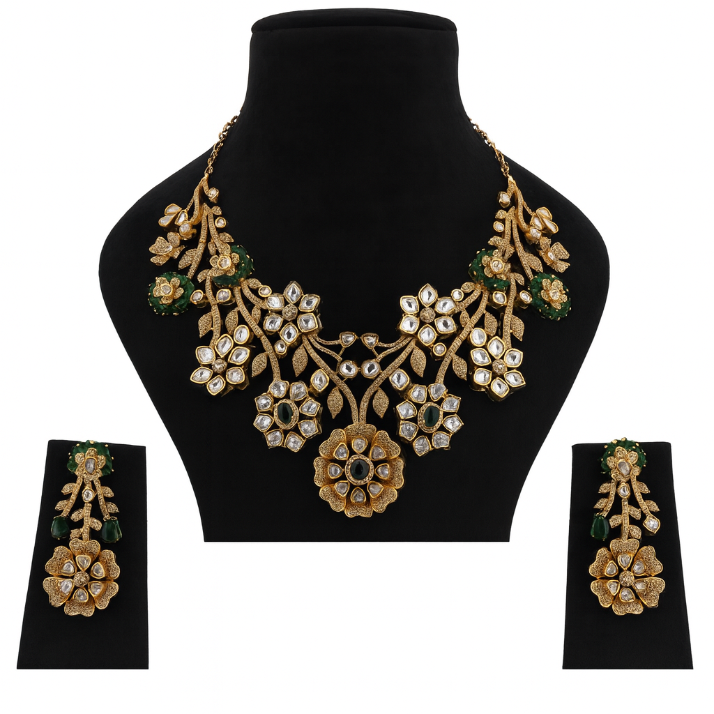 Aanura Floral Kundan Bridal Necklace Set with Earrings