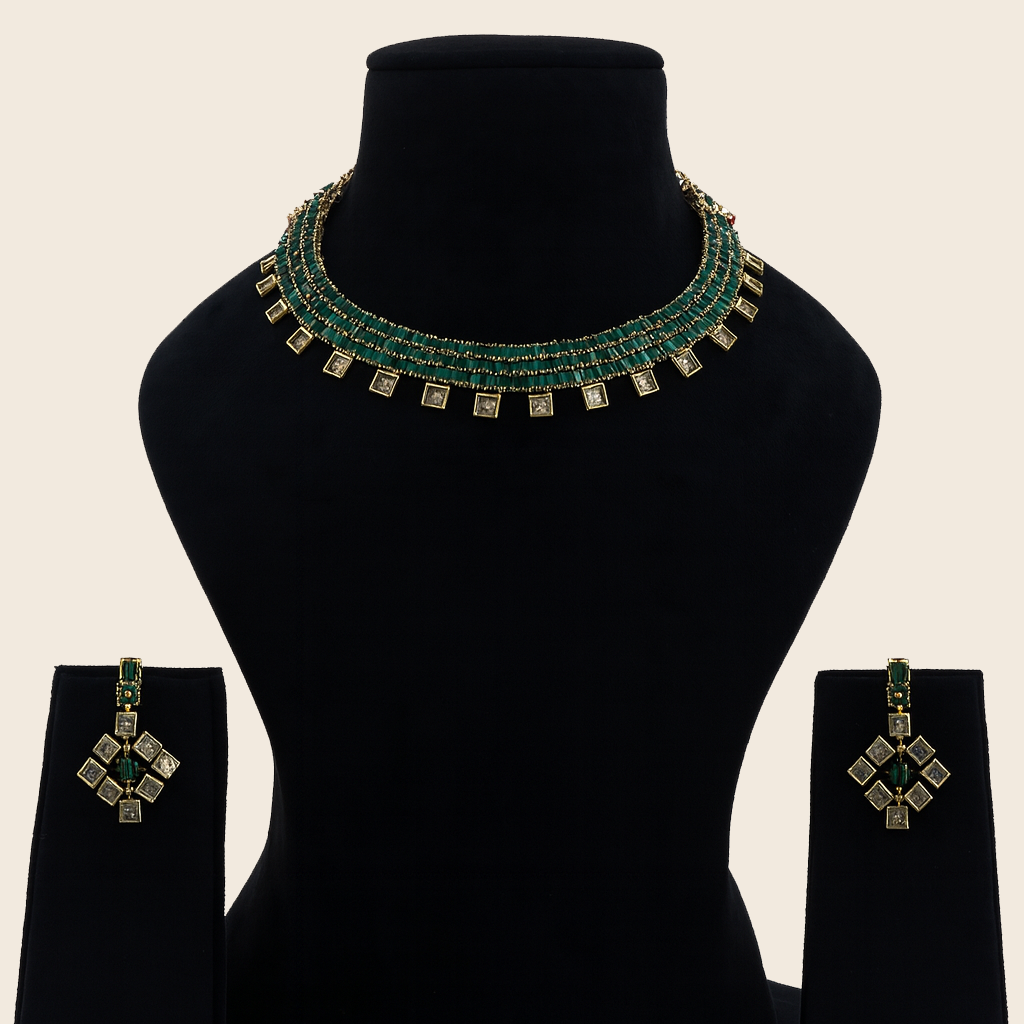 Aanura Green Beaded Choker Necklace Set with Earrings