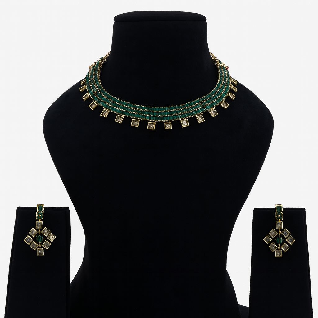 Aanura Green Beaded Choker Necklace Set with Earrings