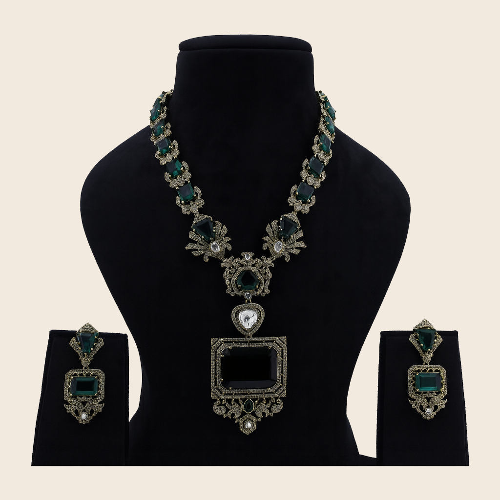 Aanura Grand Emerald Green Square Pendant Necklace Set