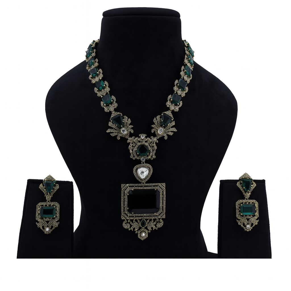 Aanura Grand Emerald Green Square Pendant Necklace Set