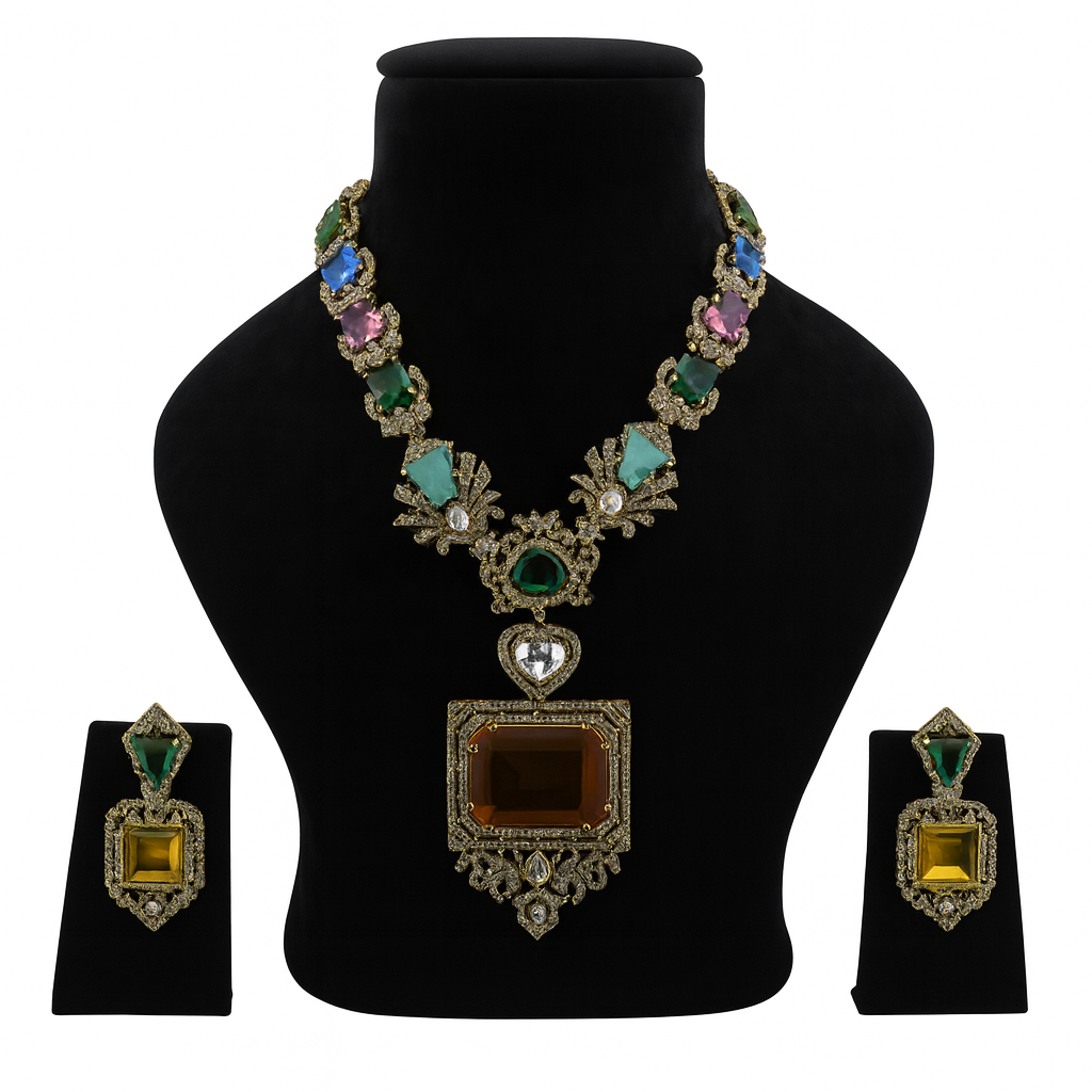 Aanura Grand Emerald Green Square Pendant Necklace Set