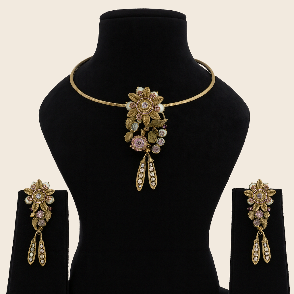 Aanura Antique Floral Pendant Necklace with Pearls