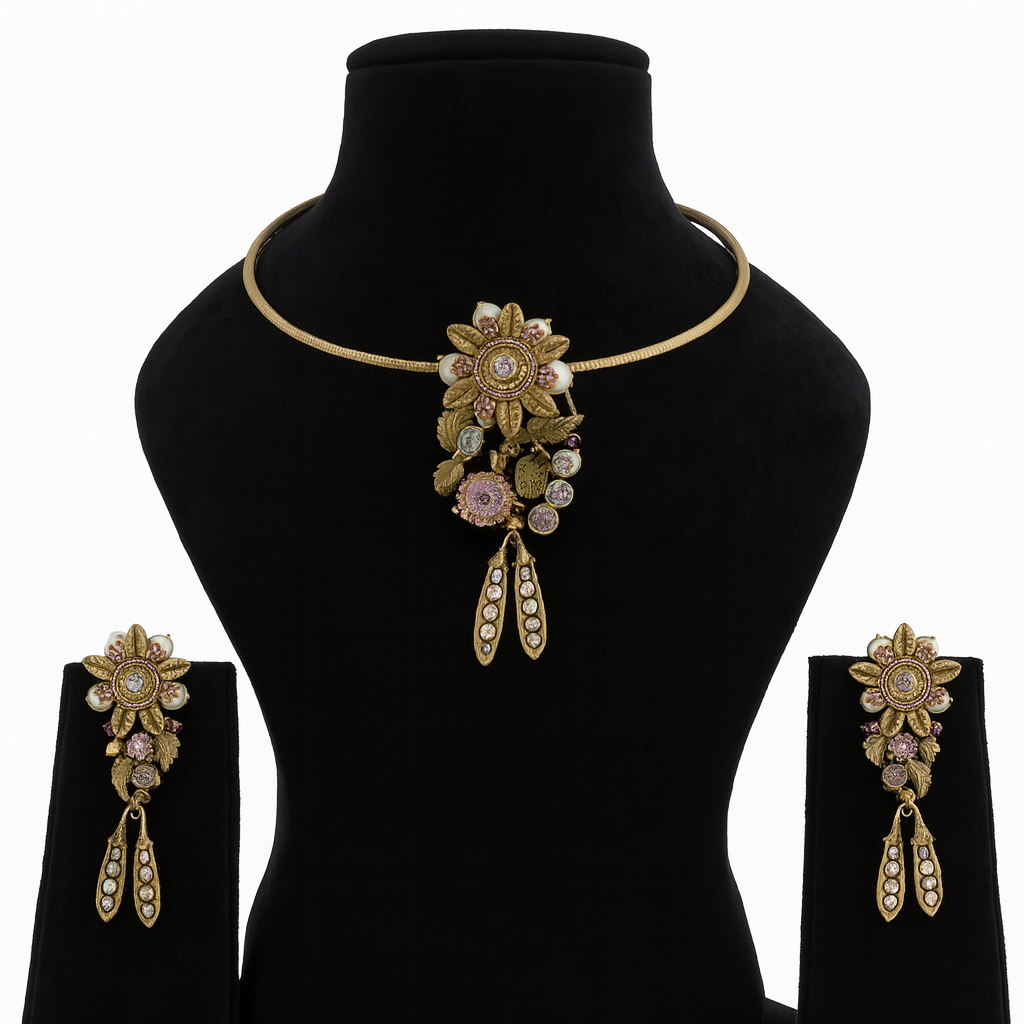 Aanura Antique Floral Pendant Necklace with Pearls