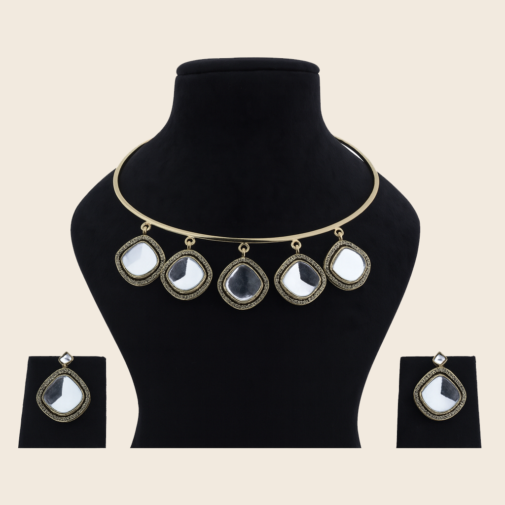 Aanura Statement Kundan Necklace with Mirror Crystals