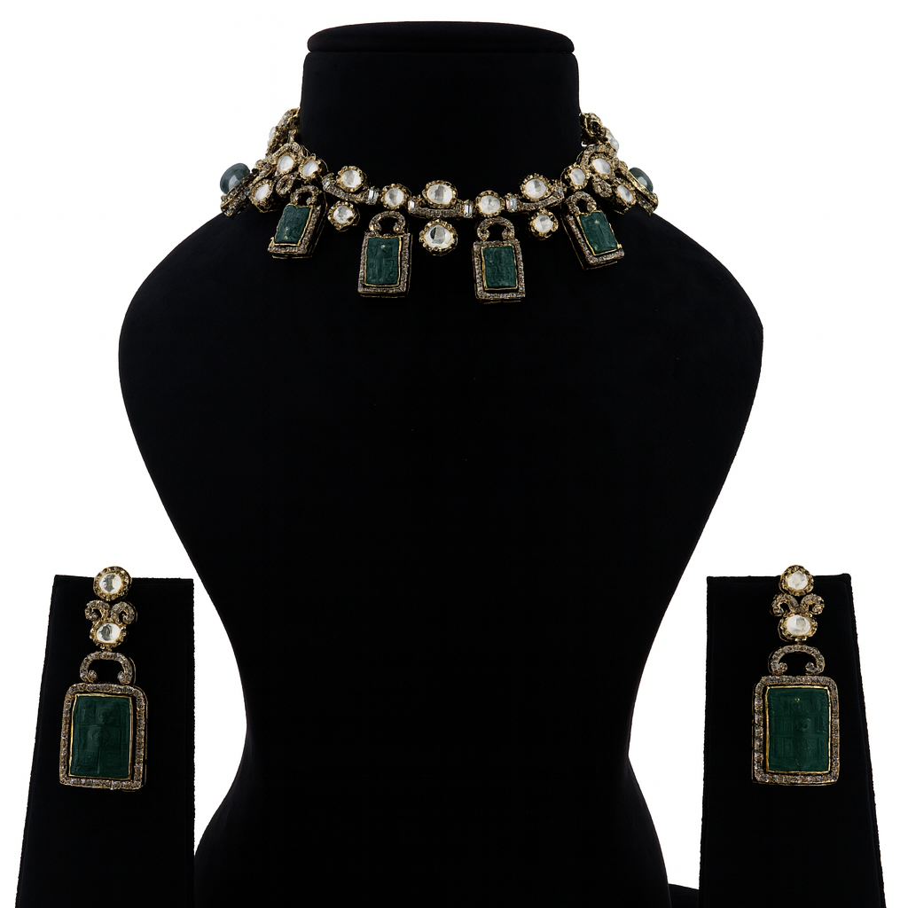 Aanura Green Carved Stone Choker Necklace Set with Earrings