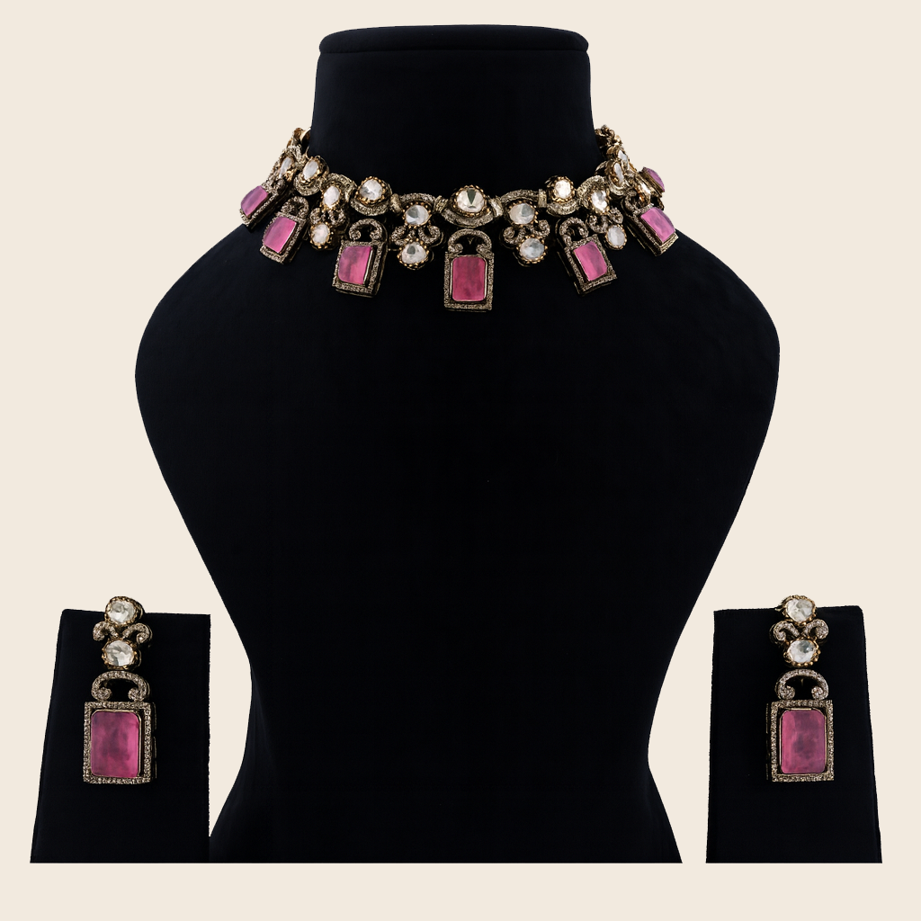 Aanura Green Carved Stone Choker Necklace Set with Earrings