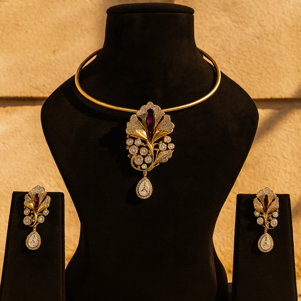 Aanura Red Stone Floral Choker Necklace with Earrings