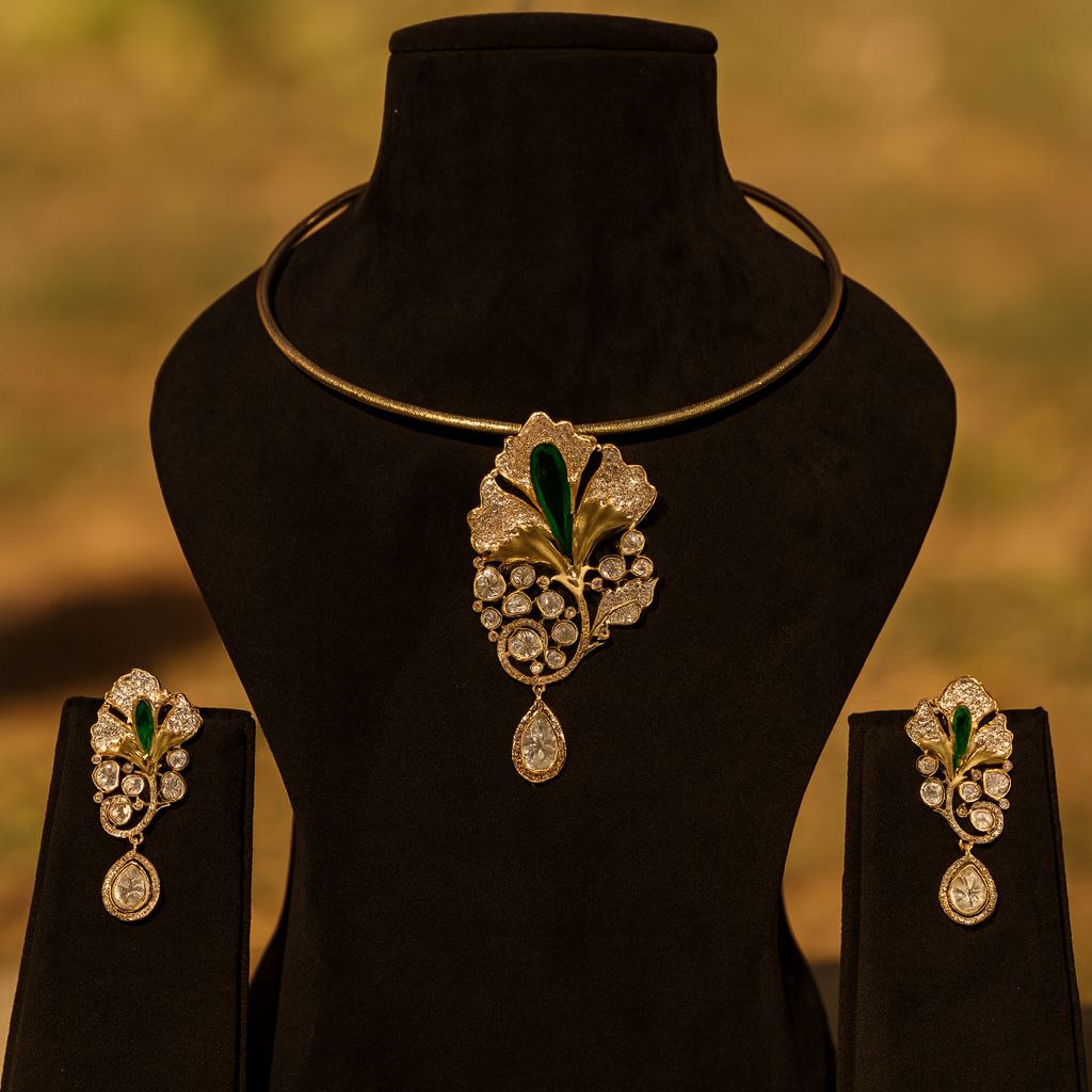 Aanura Red Stone Floral Choker Necklace with Earrings