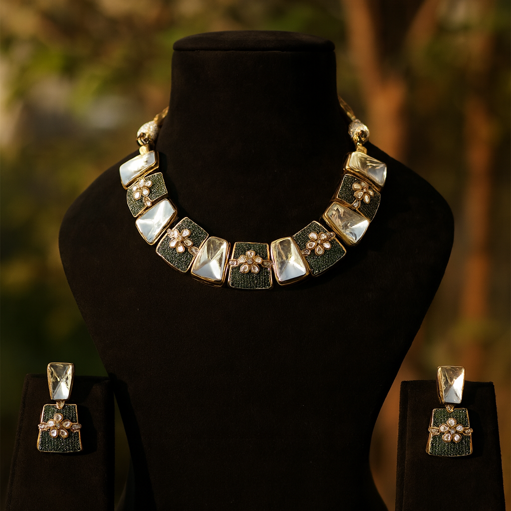 Aanura Bold Kundan Block Necklace Set with Earrings
