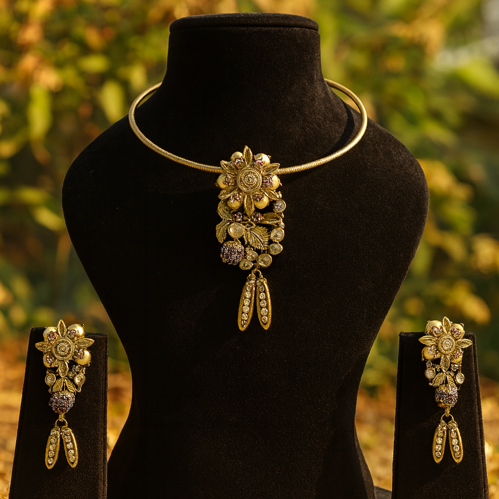 Aanura Antique Floral Pendant Necklace with Pearls