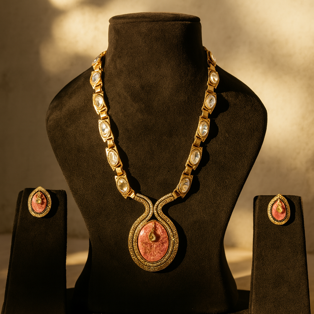 Aanura Long Kundan Necklace with Pink Pendant Design