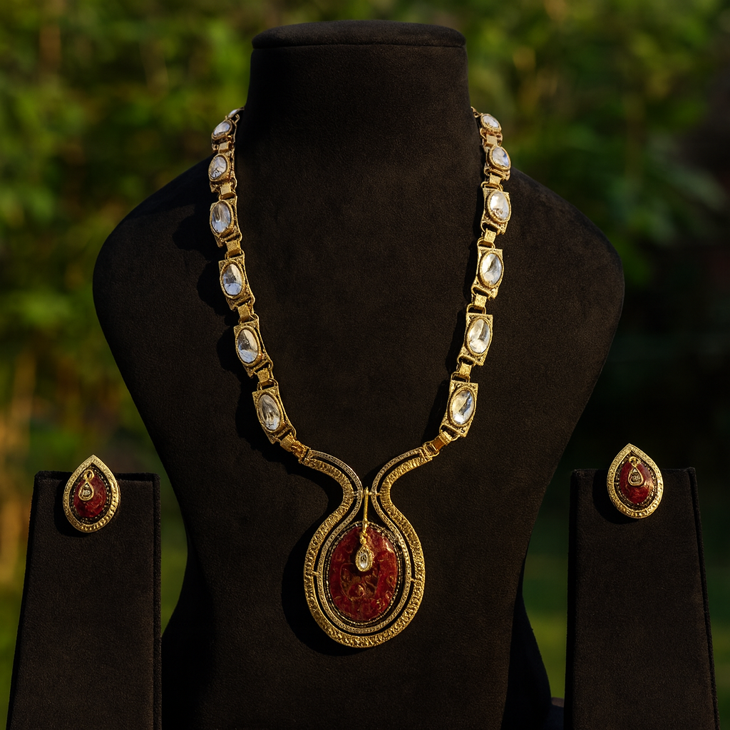 Aanura Long Kundan Necklace with Pink Pendant Design