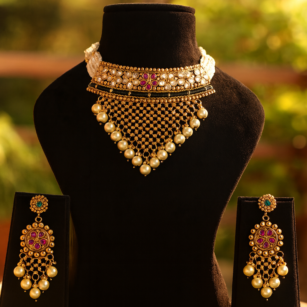 Aanura Pearl Bridal Choker Necklace with Ruby Motifs