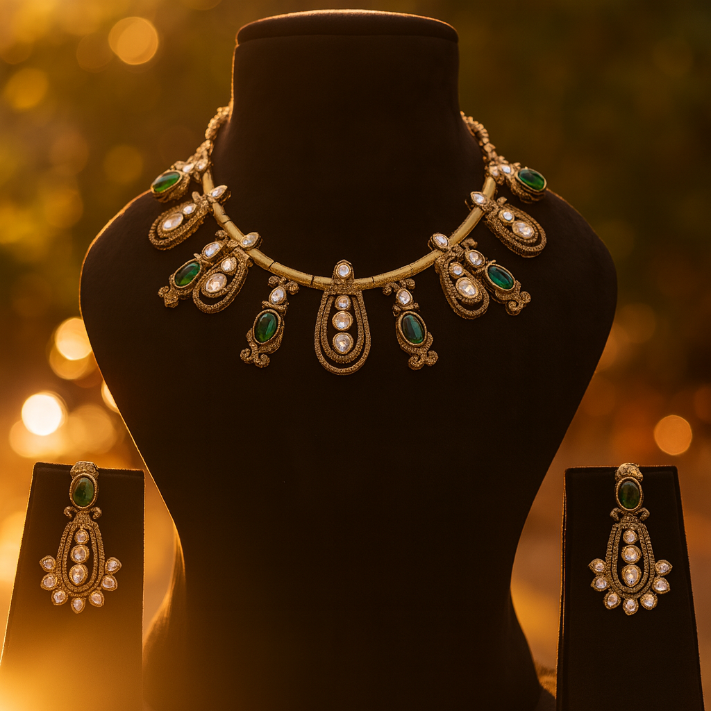 Aanura Kundan Necklace with Olive Green Stone Drops
