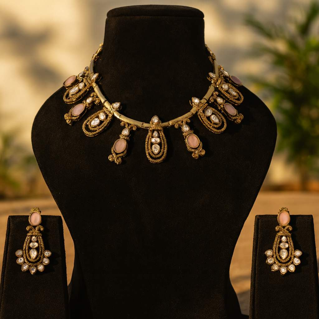 Aanura Kundan Necklace with Olive Green Stone Drops