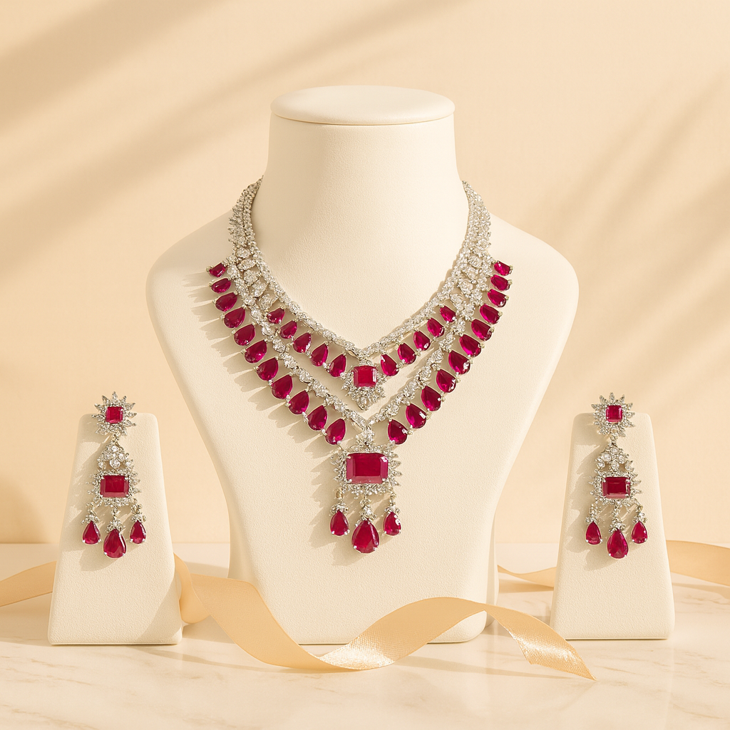 Aanura Ruby Red Bridal Necklace Set in Stainless Steel