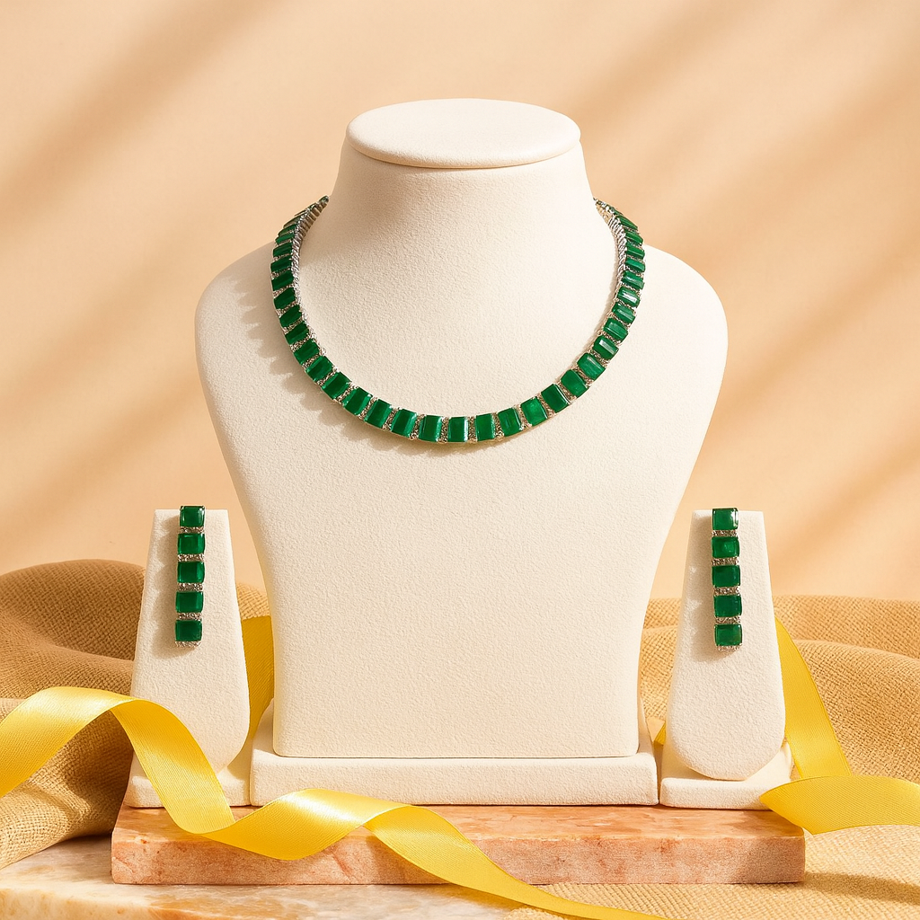 Aanura Green Emerald-Cut Necklace Set in Stainless Steel