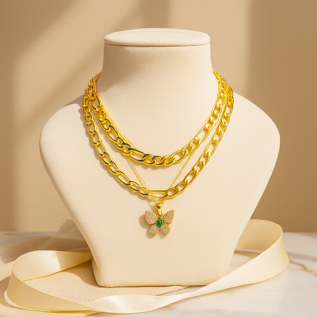 Aanura Gold Layered Butterfly Pendant Necklace