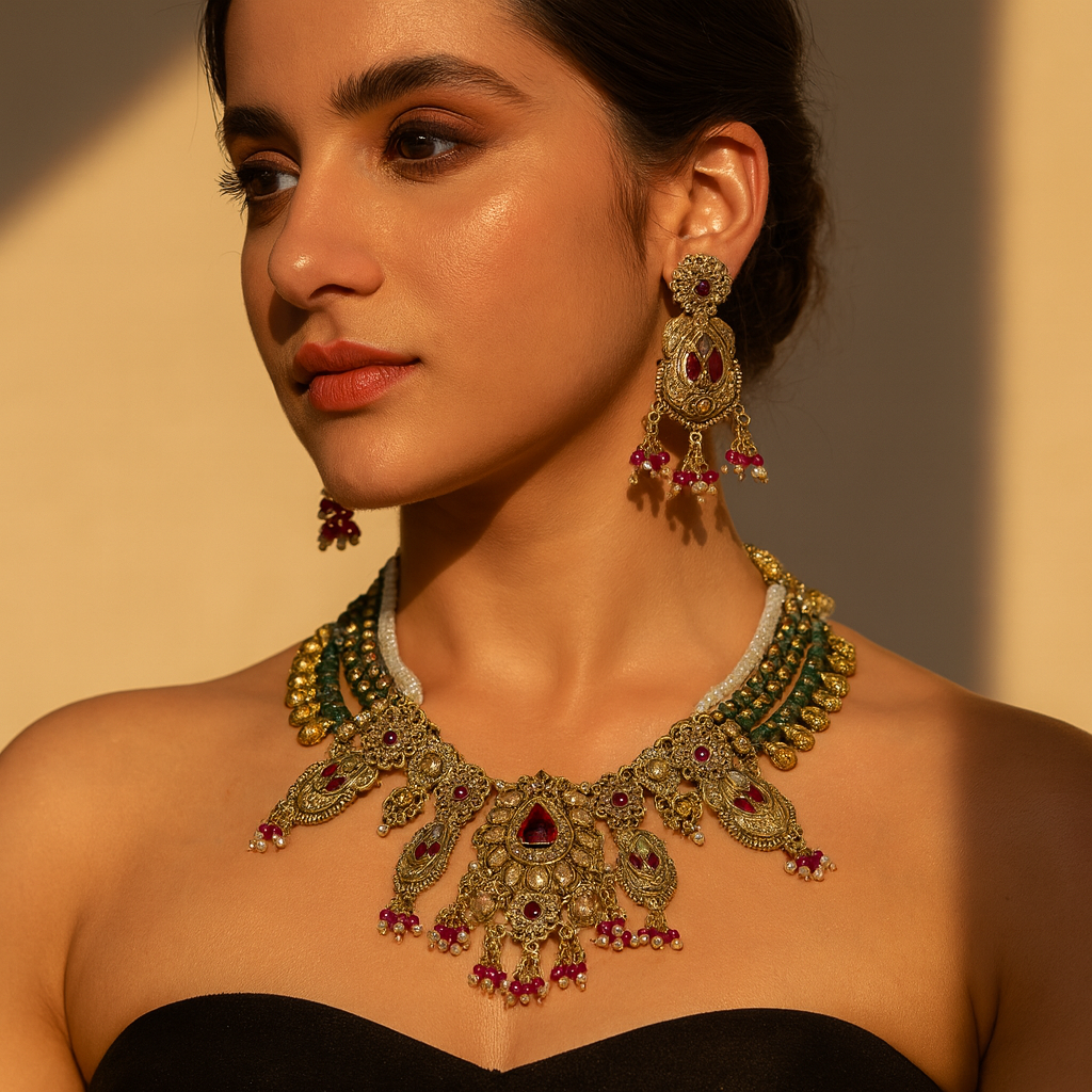 Aanura Temple Bridal Necklace with Ruby & Bead Strands