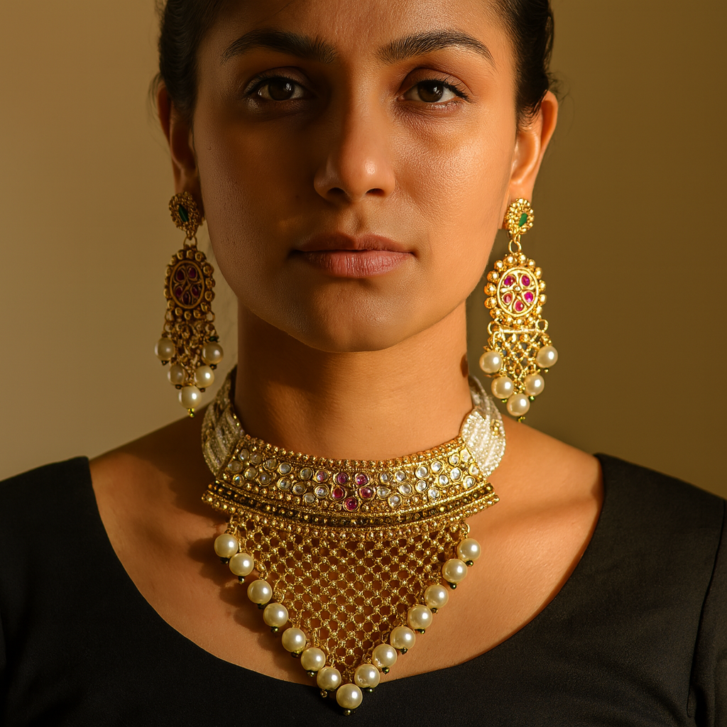 Aanura Pearl Bridal Choker Necklace with Ruby Motifs
