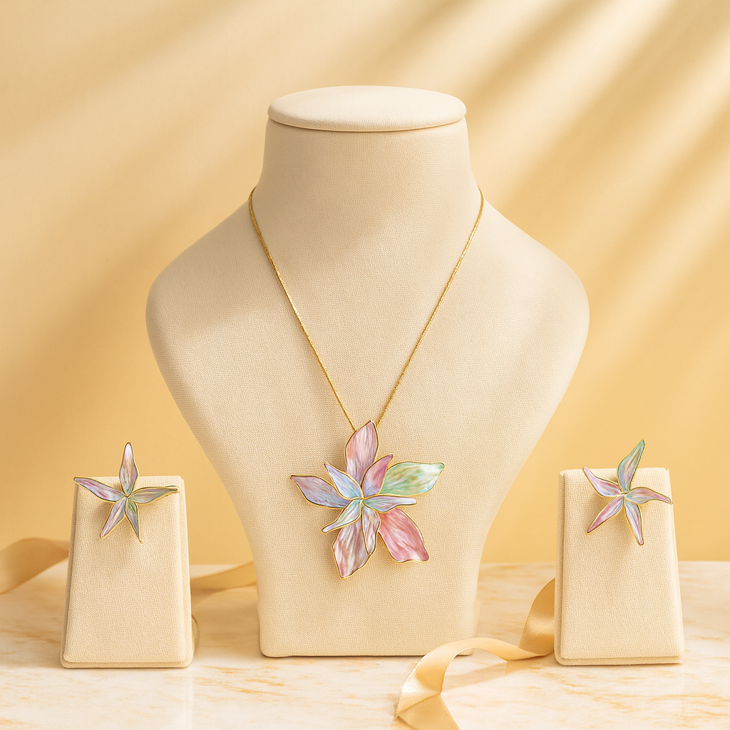 Aanura Pink Orchid Flower Necklace & Earrings