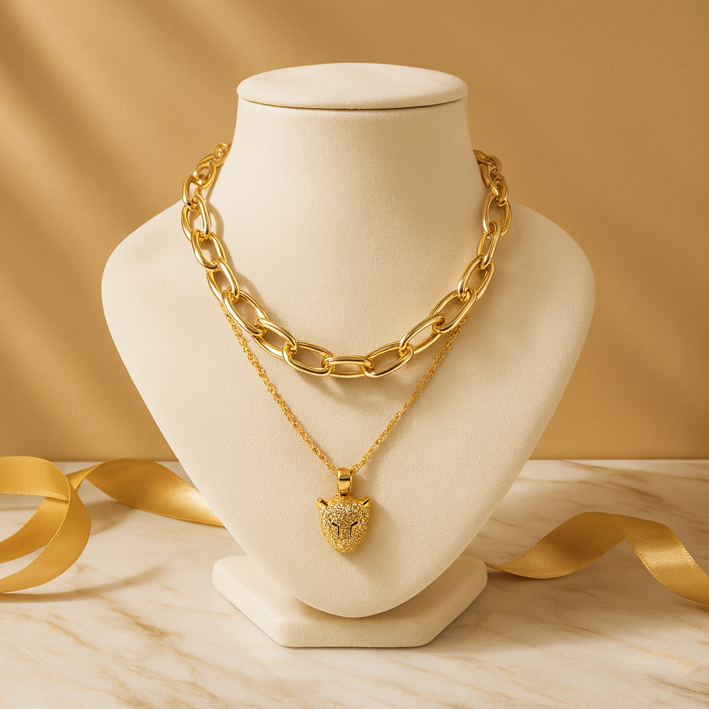 Aanura Gold Panther Pendant Layered Chain