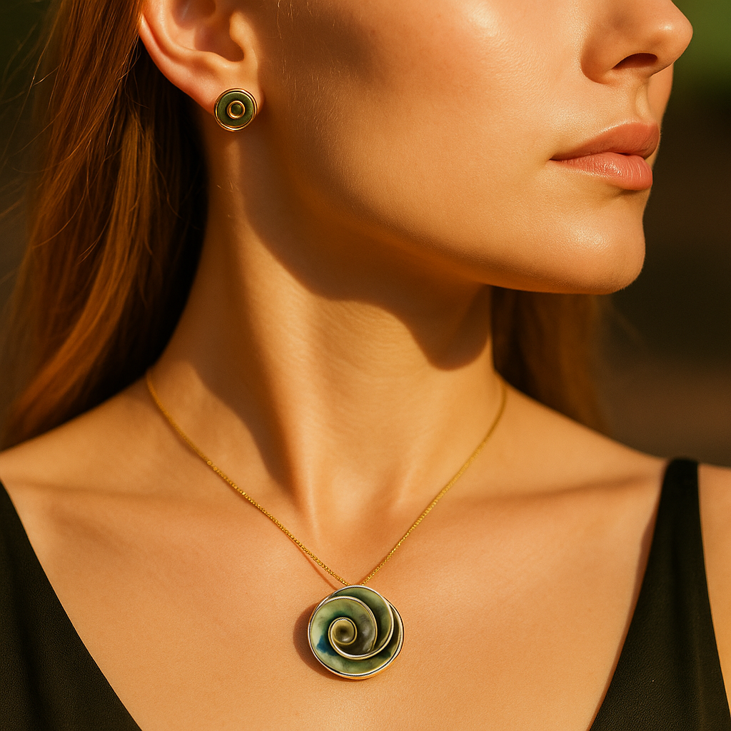 Aanura Spiral Green Rose Necklace & Earrings Set