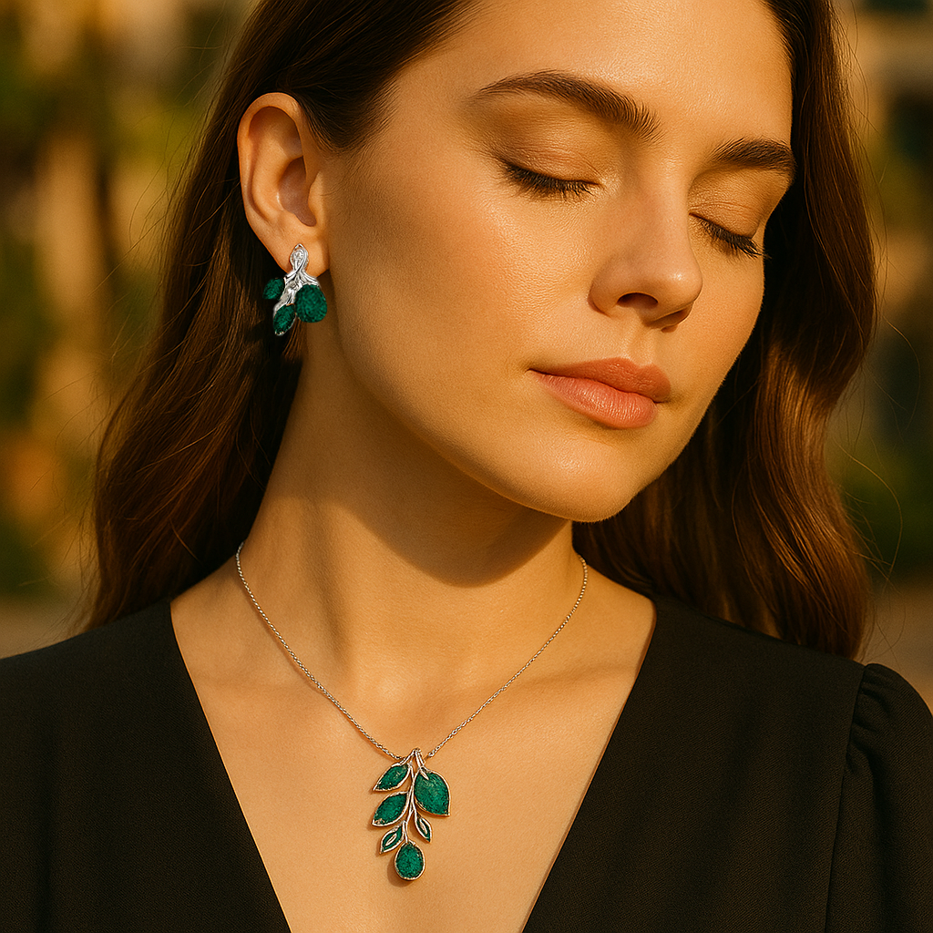 Aanura Emerald Leaf Necklace & Earrings Set