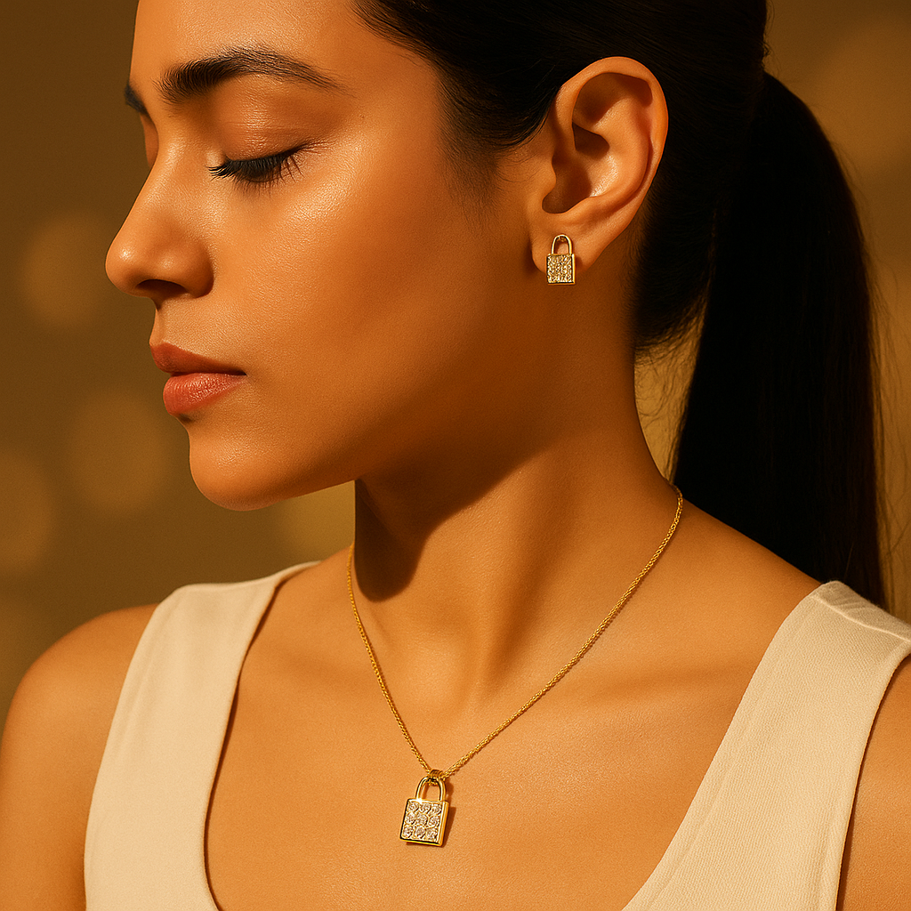 Golden Lock Pendant Necklace & Earrings Set