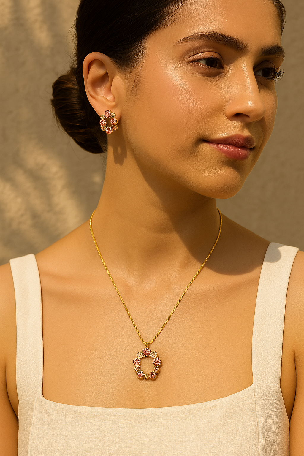Golden Floral Wreath Necklace & Earrings Set