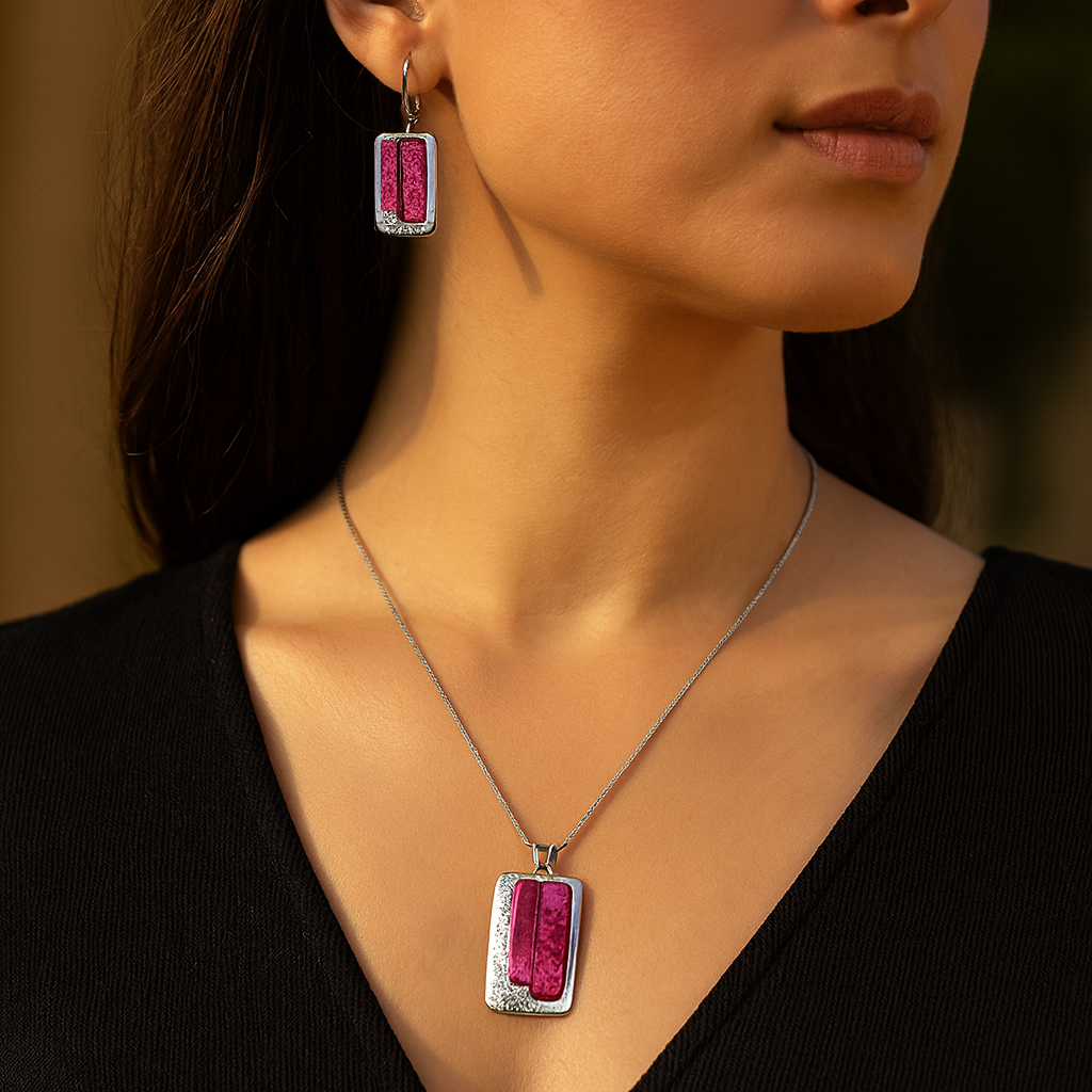 Aanura Rectangular Pink Stone Necklace & Earrings Set