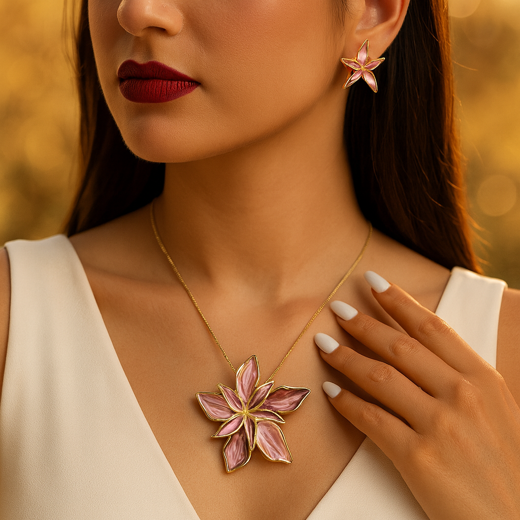 Aanura Pink Orchid Flower Necklace & Earrings