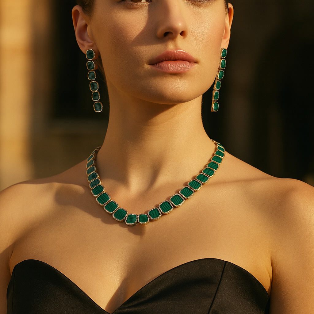 Aanura Green Emerald-Cut Necklace Set in Stainless Steel