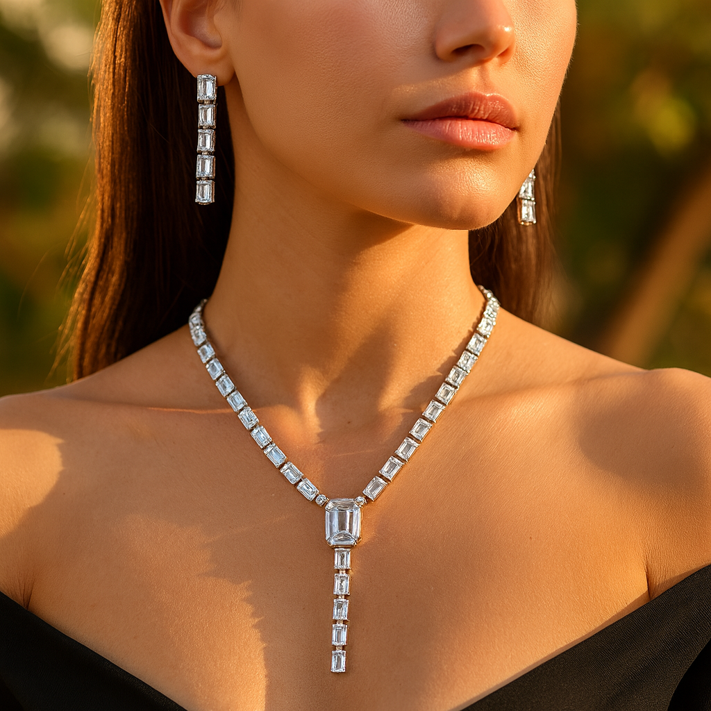 Aanura Clear Baguette Drop Necklace Set