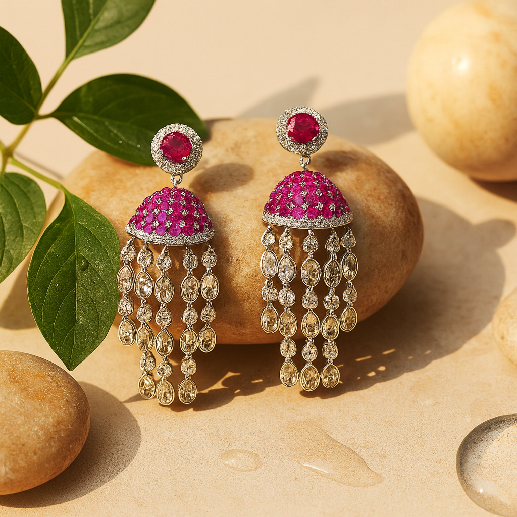 Aanura Red Dome Tassel Jhumka-Style Earrings