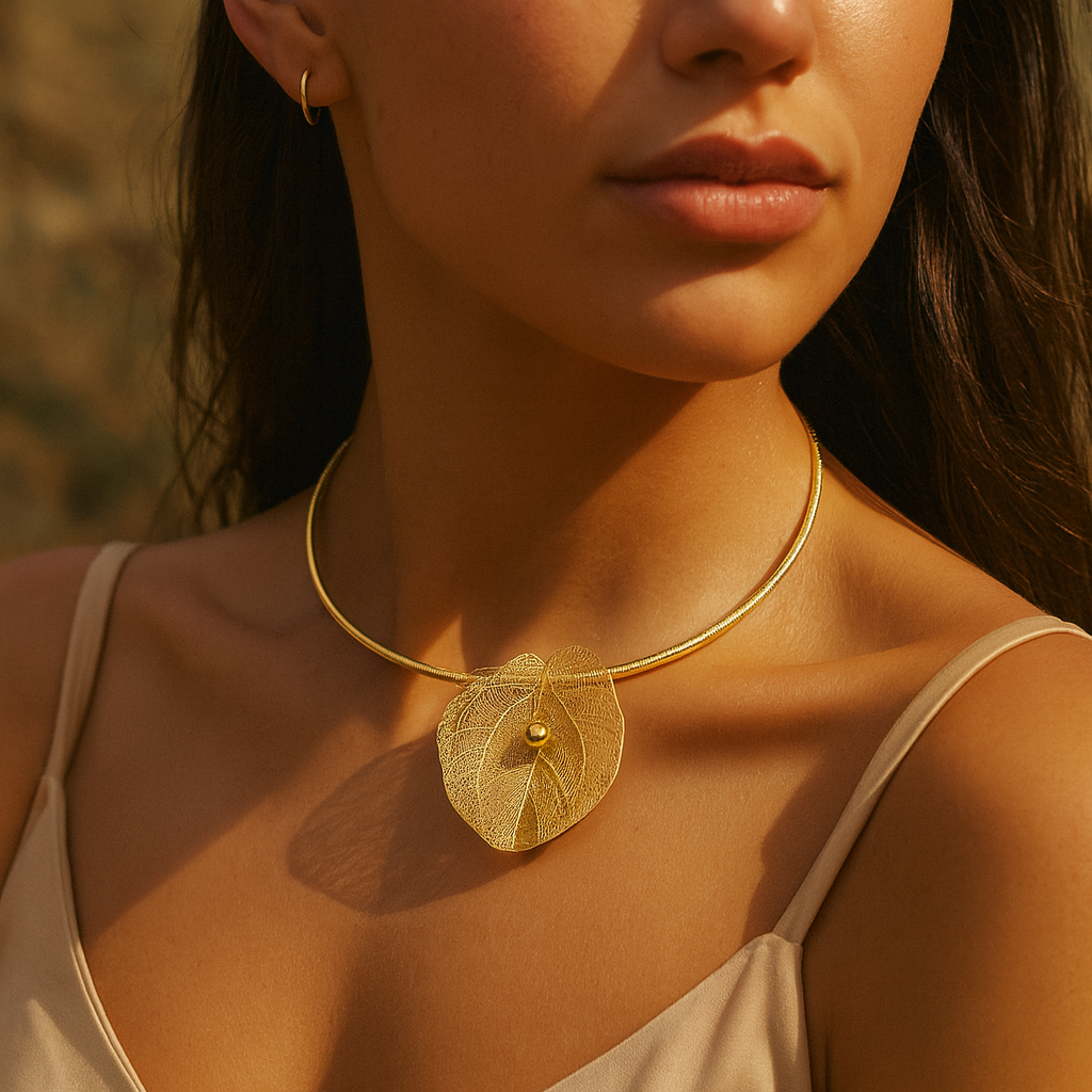 Aanura Gold Choker Necklace with Delicate Leaf Charm