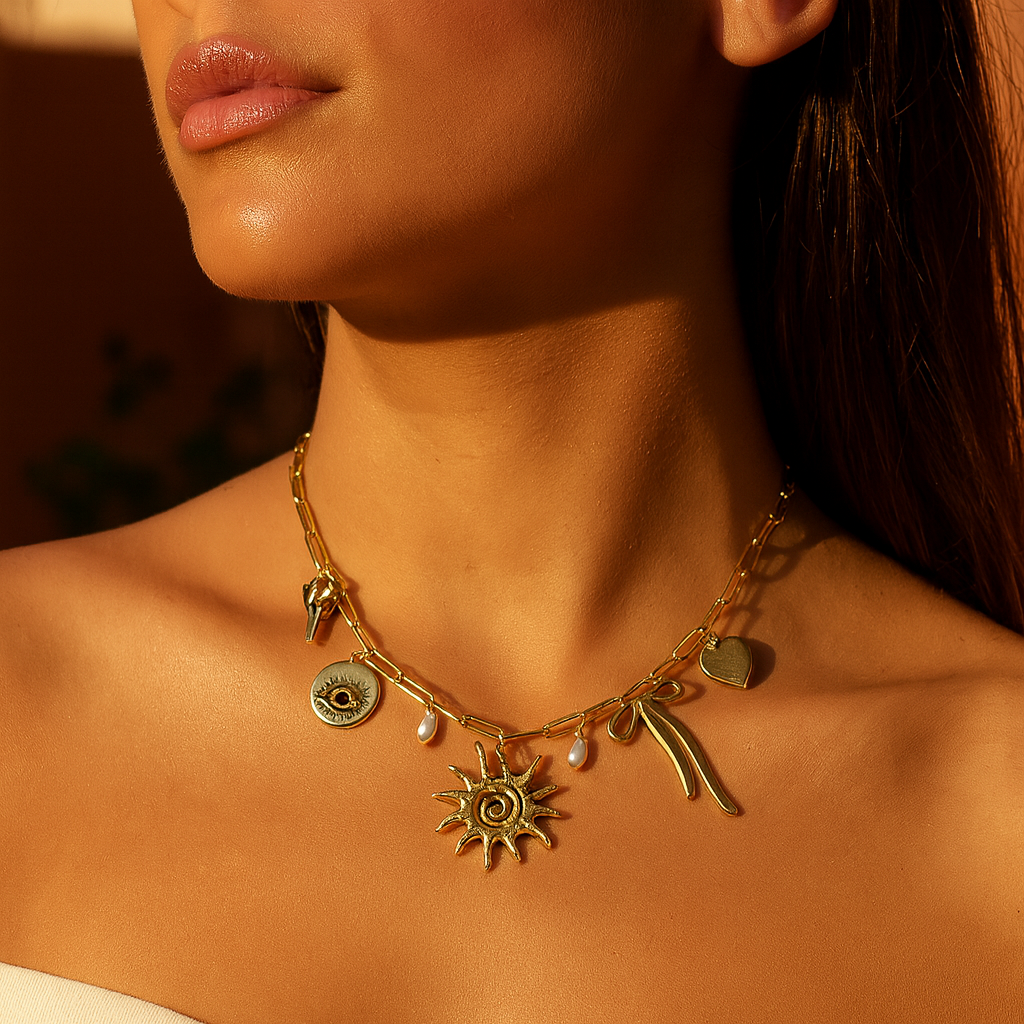 Aanura Gold Charm Necklace with Sun & Heart Pendants