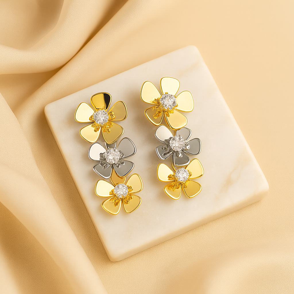 Aanura Dual-Tone Floral Crystal Stud Earrings