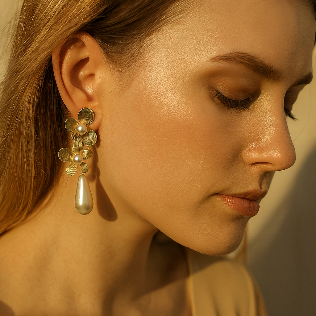 Aanura Floral Pearl Drop Gold Statement Earrings