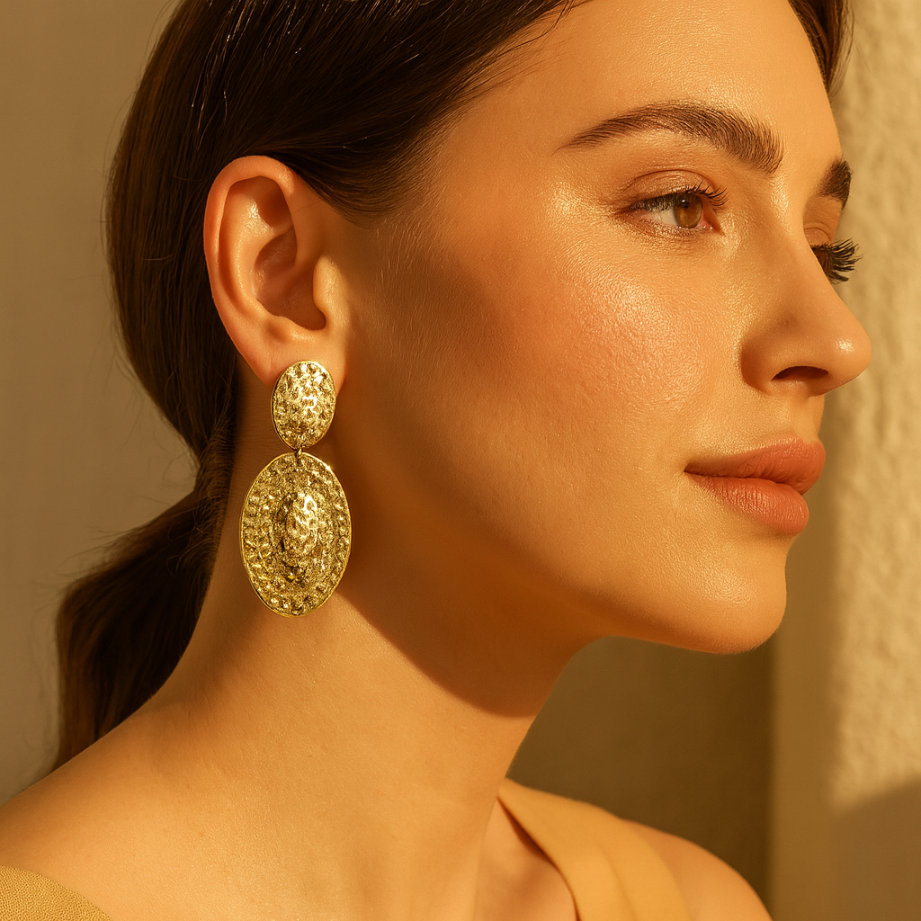 Aanura Textured Gold Oval Statement Earrings