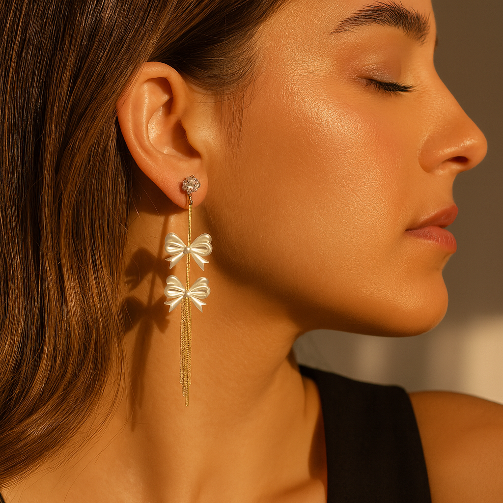Aanura Pearl Bow Tassel Gold Drop Earrings