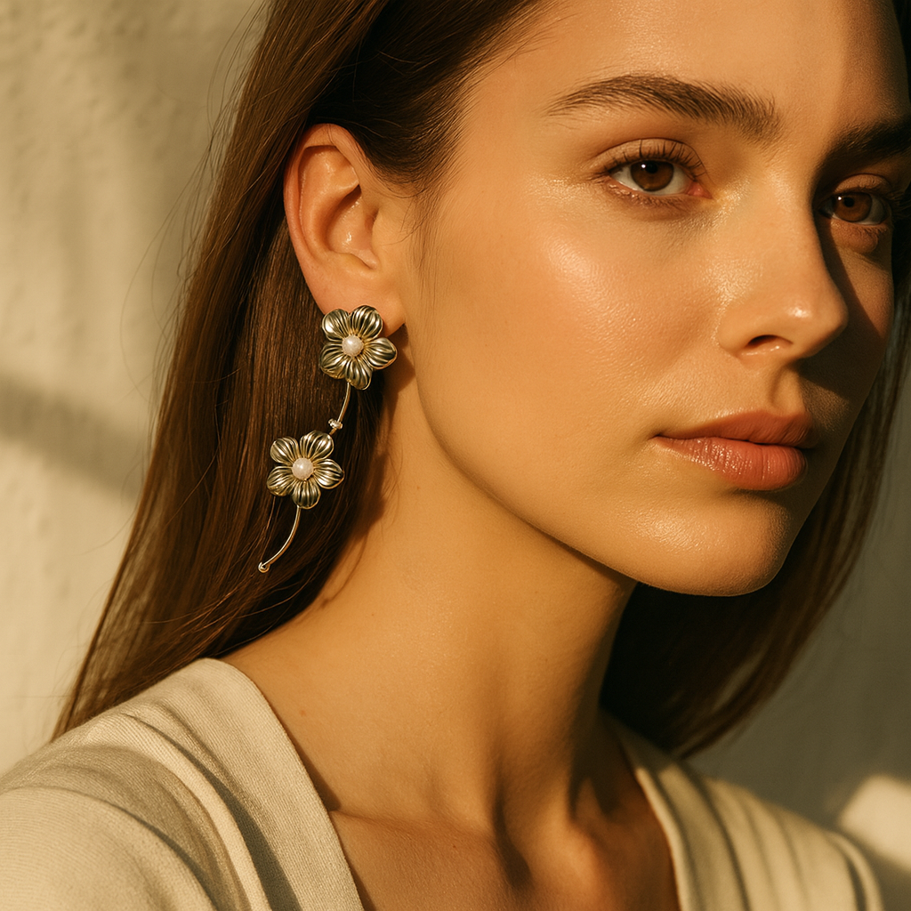 Aanura Pearl Center Floral Long Drop Earrings