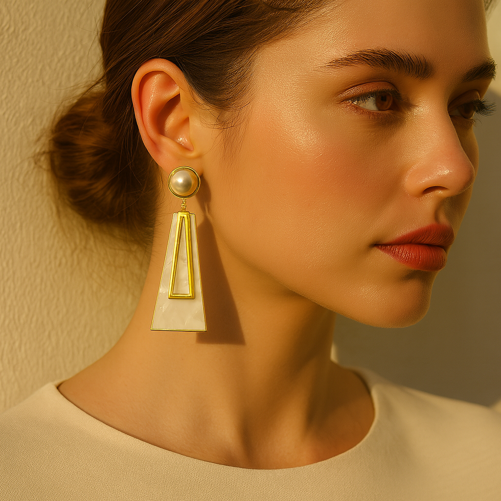 Aanura Pearl Geometric White Gold Drop Earrings