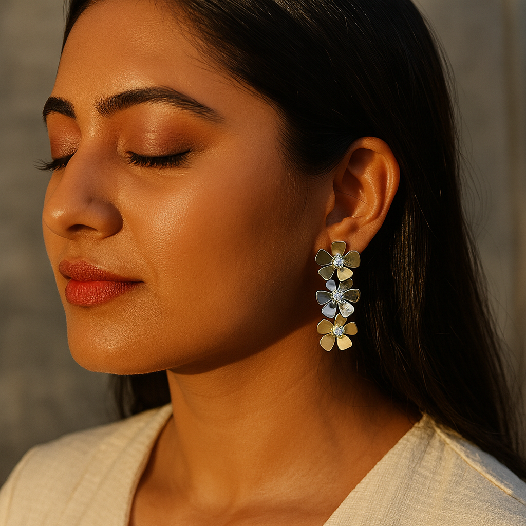 Aanura Dual-Tone Floral Crystal Stud Earrings