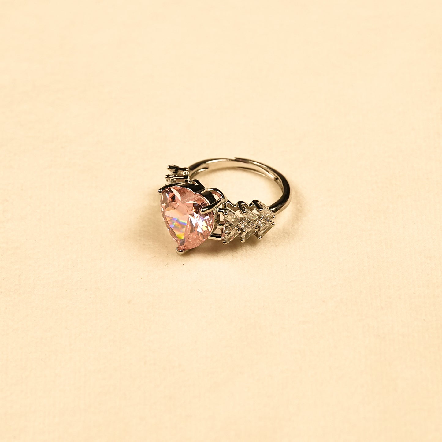 Aanura Pink Crystal Silver Tone Adjustable Ring